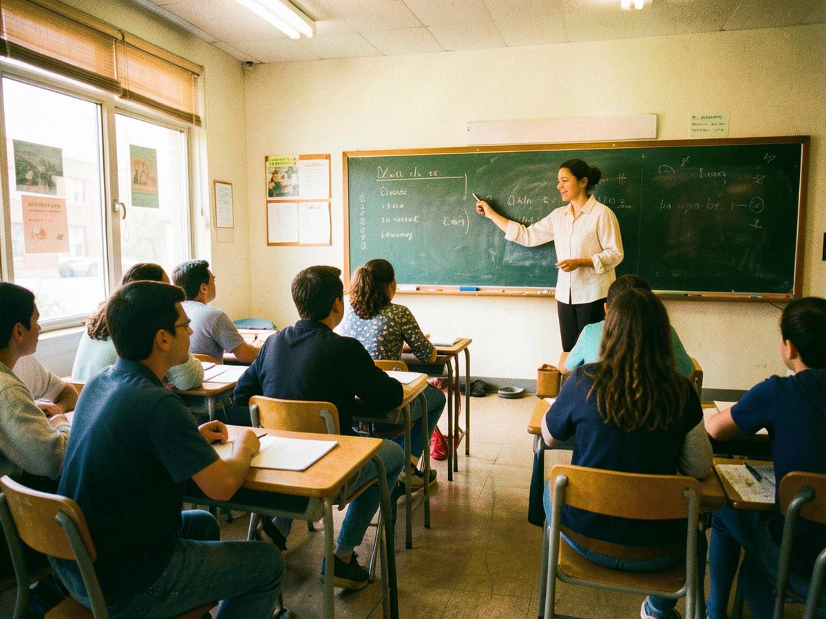 A teacher at the chalkboard with a full class of students