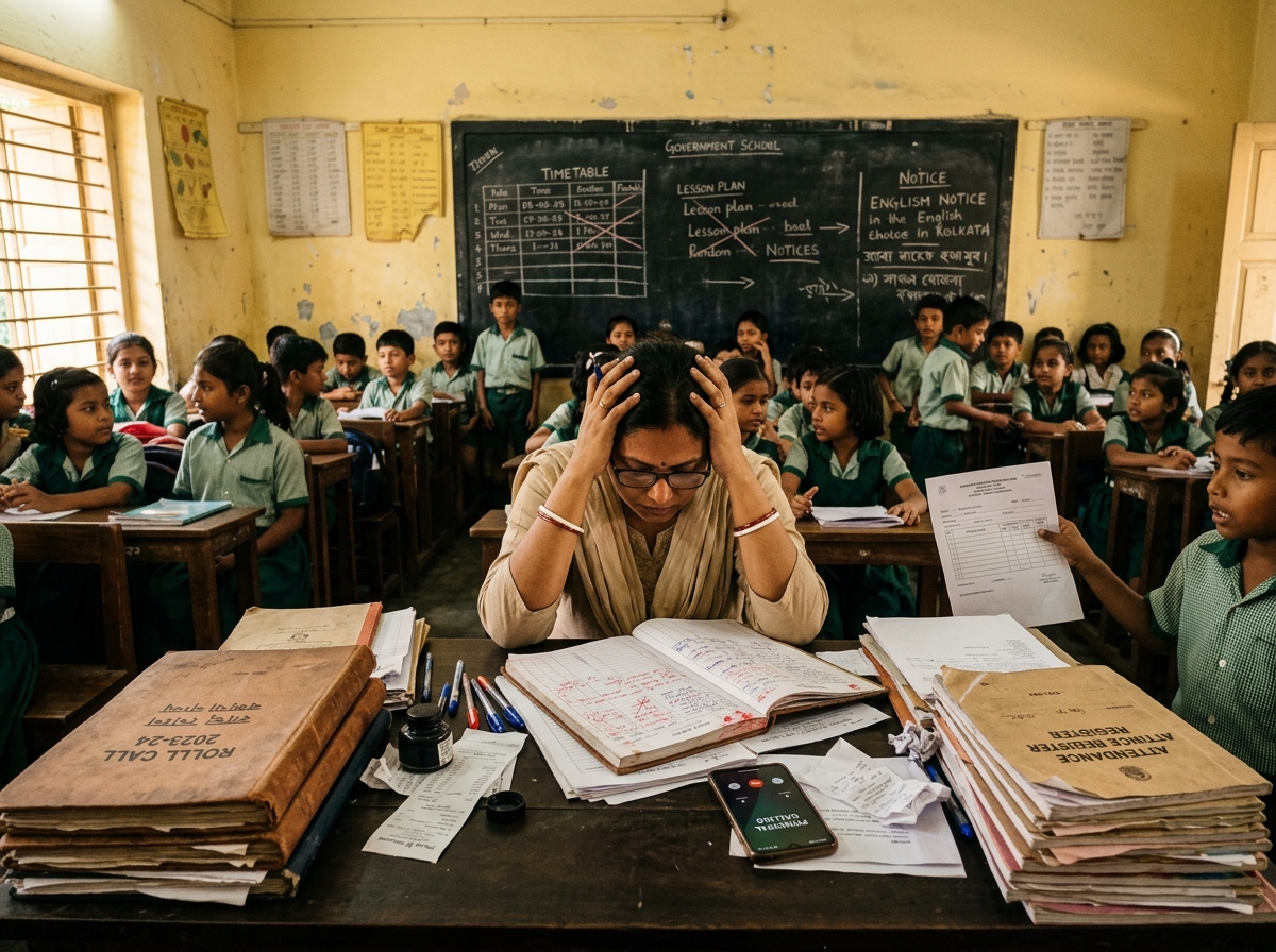 Classroom overwhelmed with paper registers and administrative chaos without Simclass