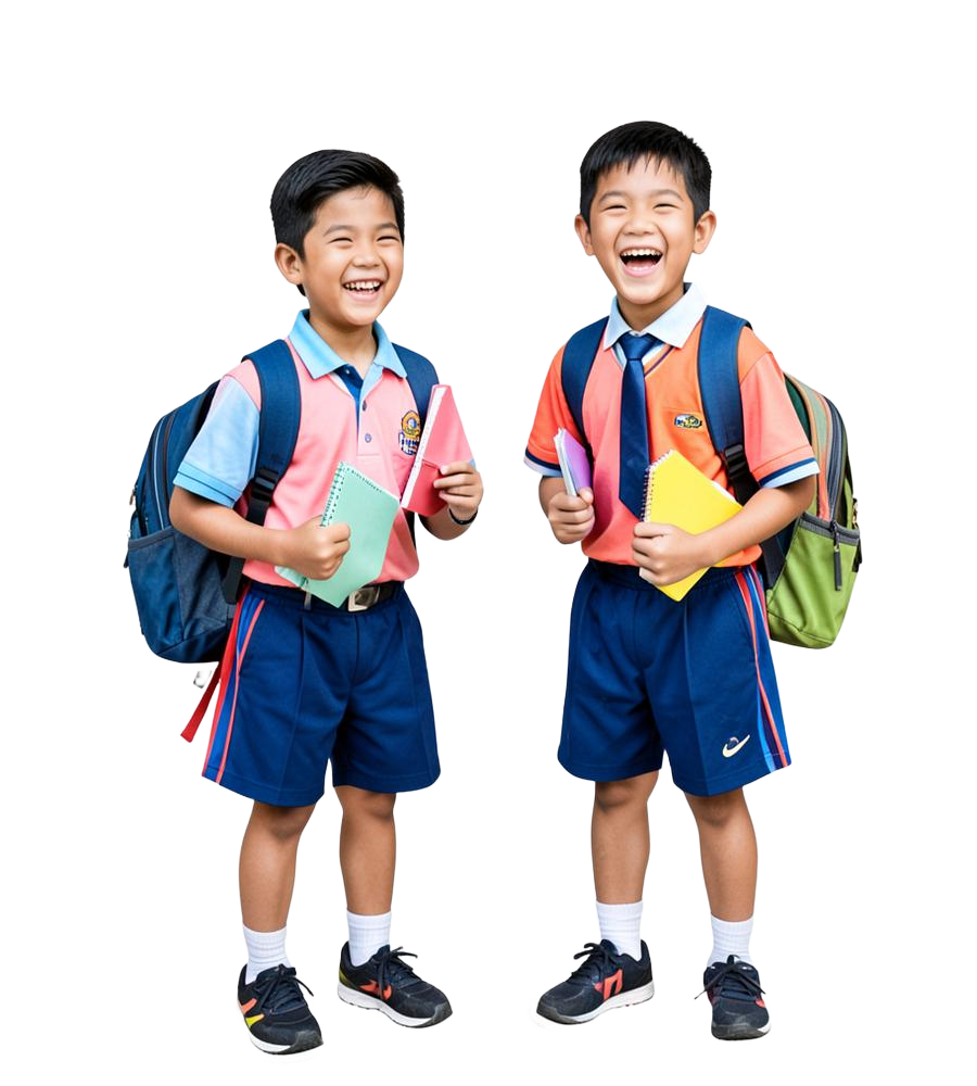 Two students laughing with notebooks